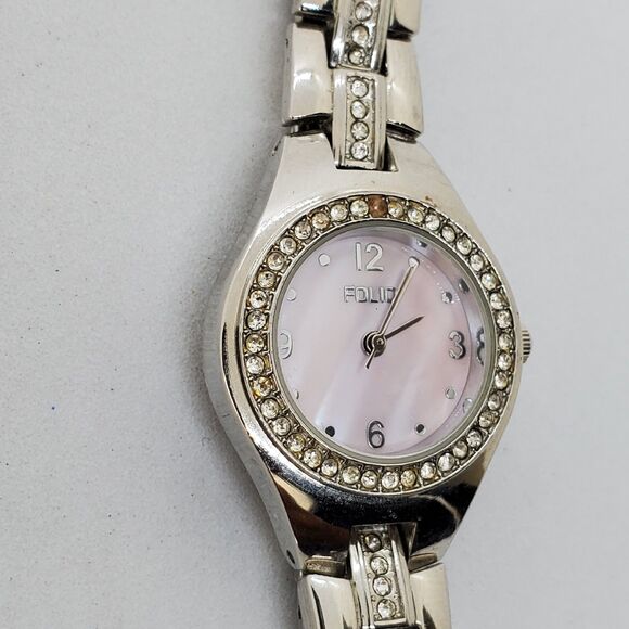 Folio Women's Watch 26MM Pink Dial Gray Bracelet Crystal Bezel 5.75" New Battery - Picture 5 of 14